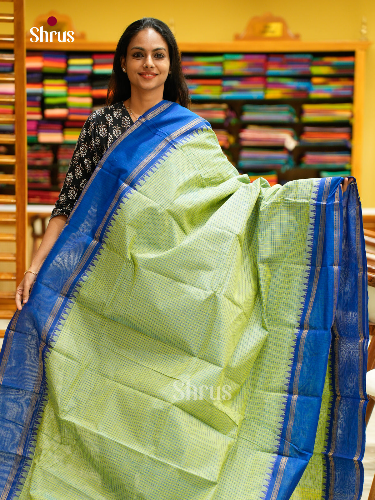 Chic Mint Green Chettinad Saree With Micro Checks & Royal Blue Temple Zari Border