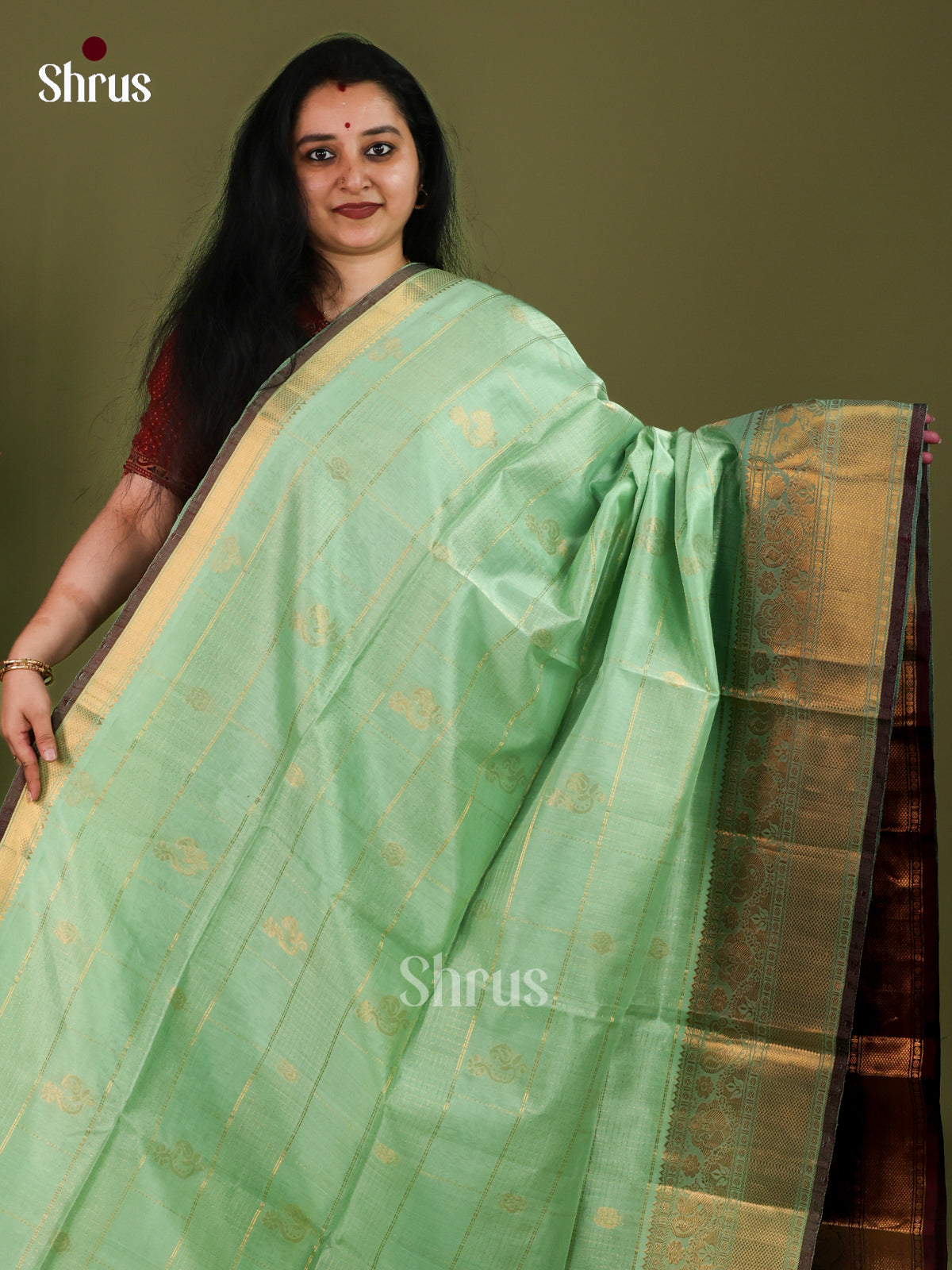 Chic Mint Green Cotton Silk Saree With Gold Grids, Peacock Buttas & Deep Maroon Brocade Zari Pallu 1