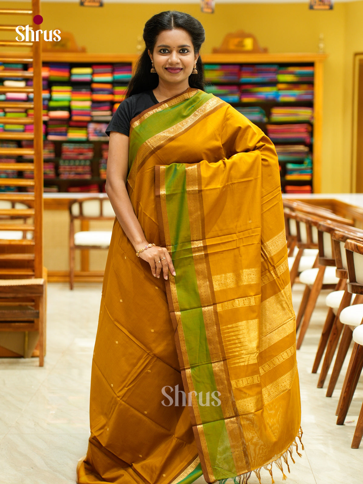 Chic Mustard Chettinad Cotton Saree With Golden Buttas, Brown Rettapet Border & Zari Pallu