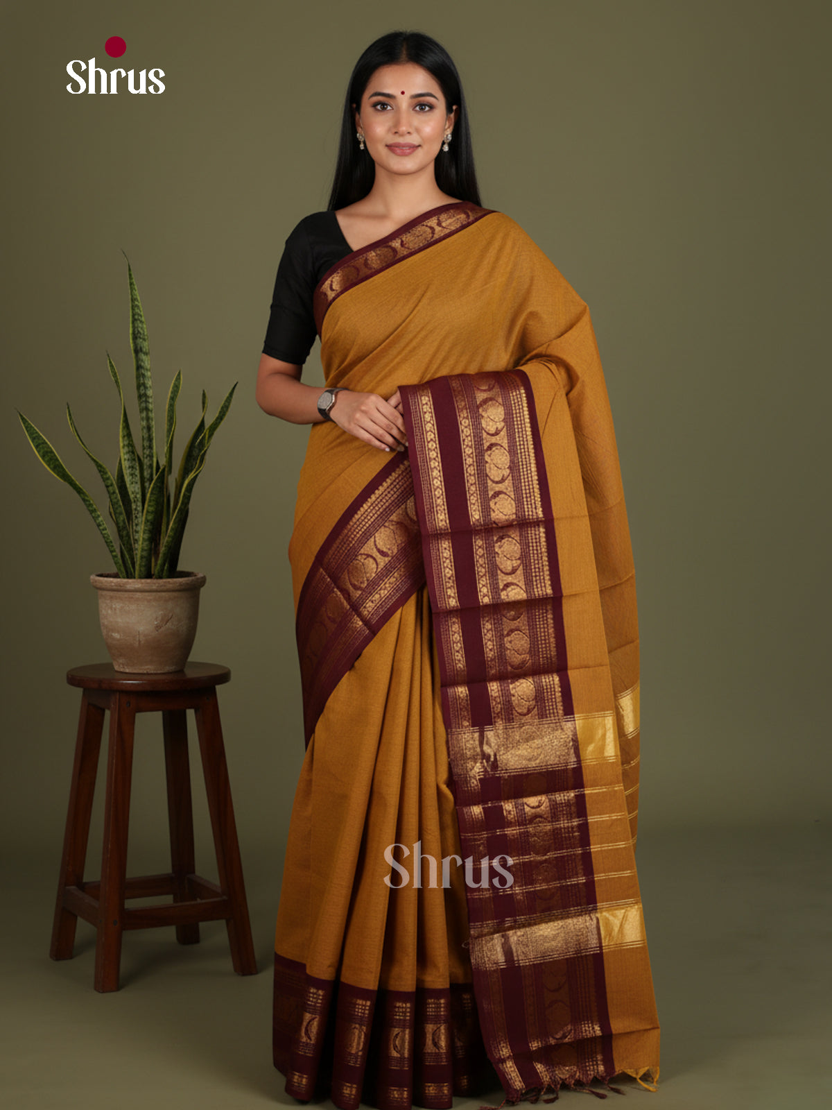 Chic Mustard Chettinad Cotton Saree With Maroon Border With Zari Stripes