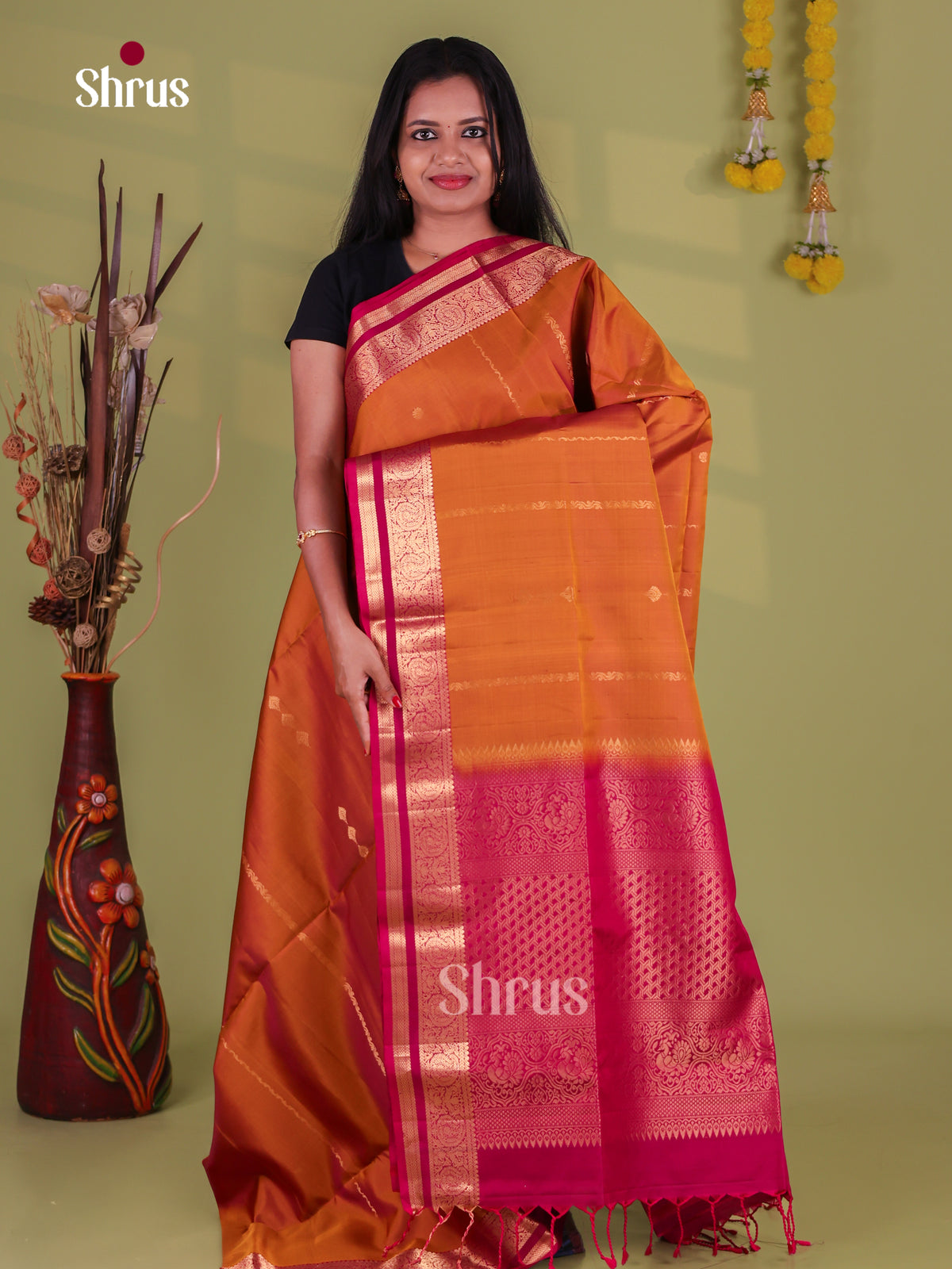 Chic Mustard Yellow Soft Silk Sarees With Stripes, Buttas, Magenta Pink Zari Border & Brocade Pallu