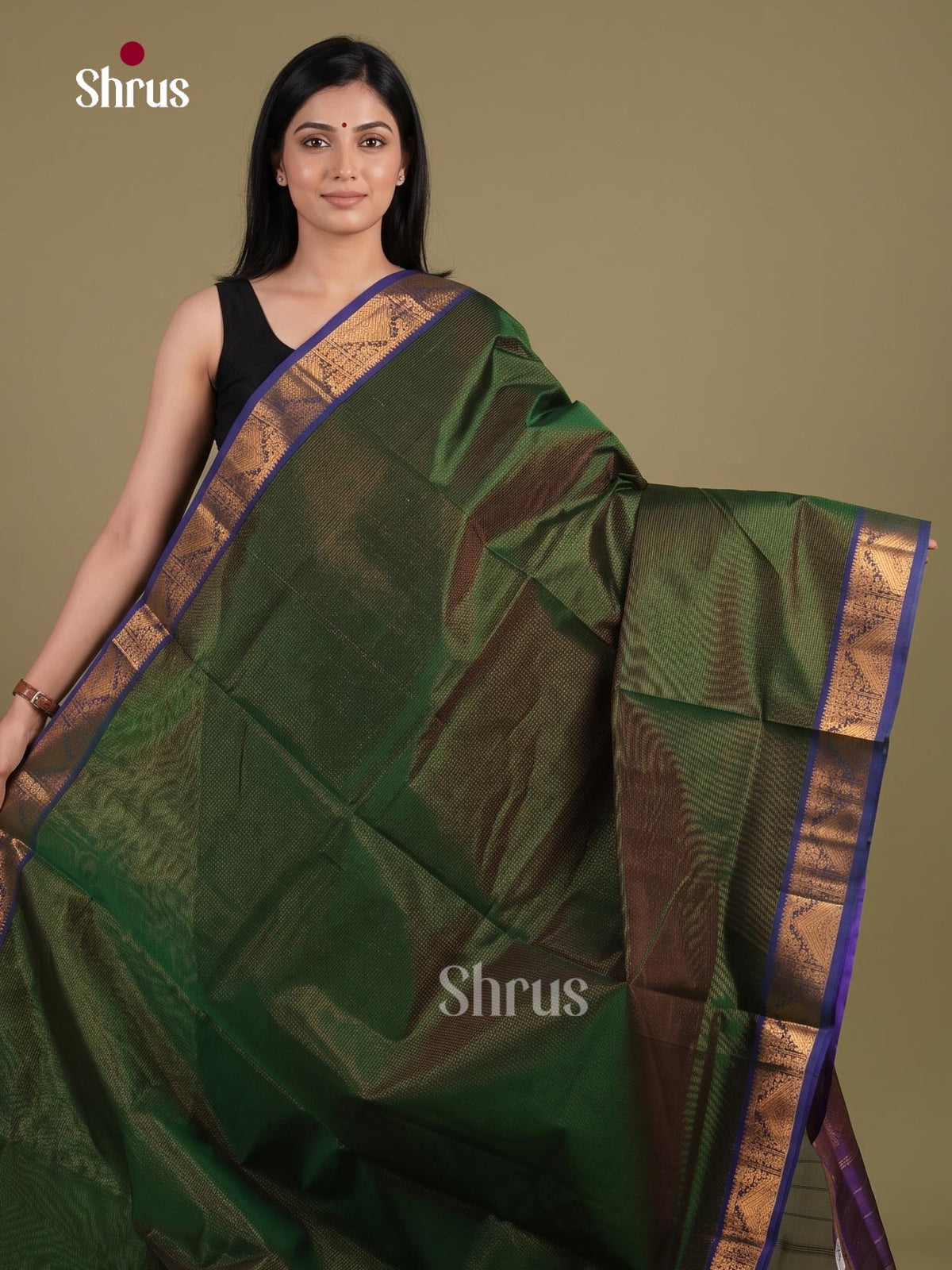 Chic Olive Green Cotton Silk Saree With Plain Body, Violet Zari Woven Border & Traditional Chit Pallu 1