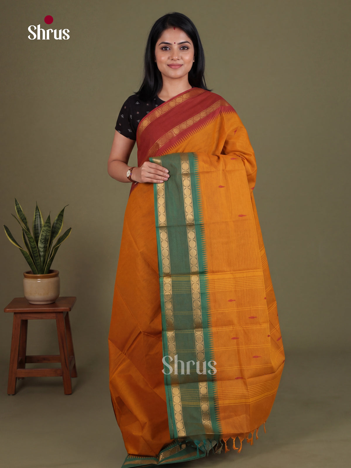 Chic Orange Chettinad Cotton Saree With Thread Buttas & Ganga Jamuna Rettapet Zari Border