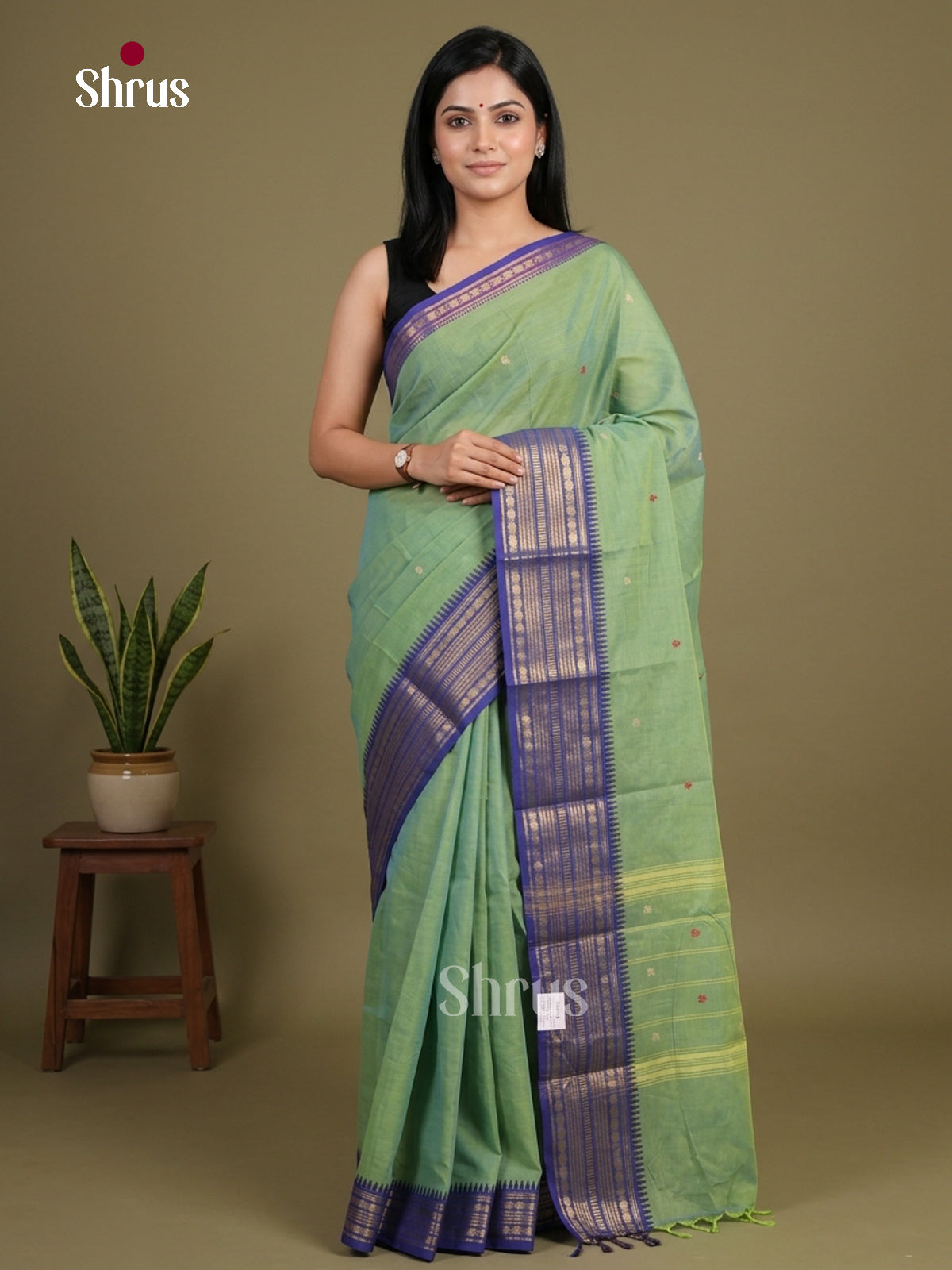 Chic Pista Green Chettinad Cotton Saree With Thread Buttas & Violet Zari Border