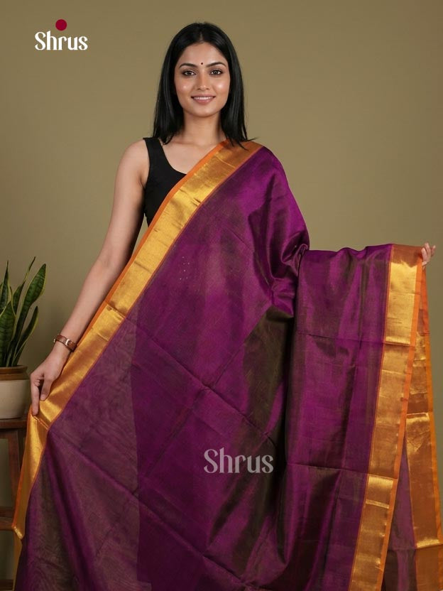 Chic Purple Cotton Silk Saree with Plain Body, Mustard Yellow Kaddi Zari Border & Traditional Chit Pallu 1