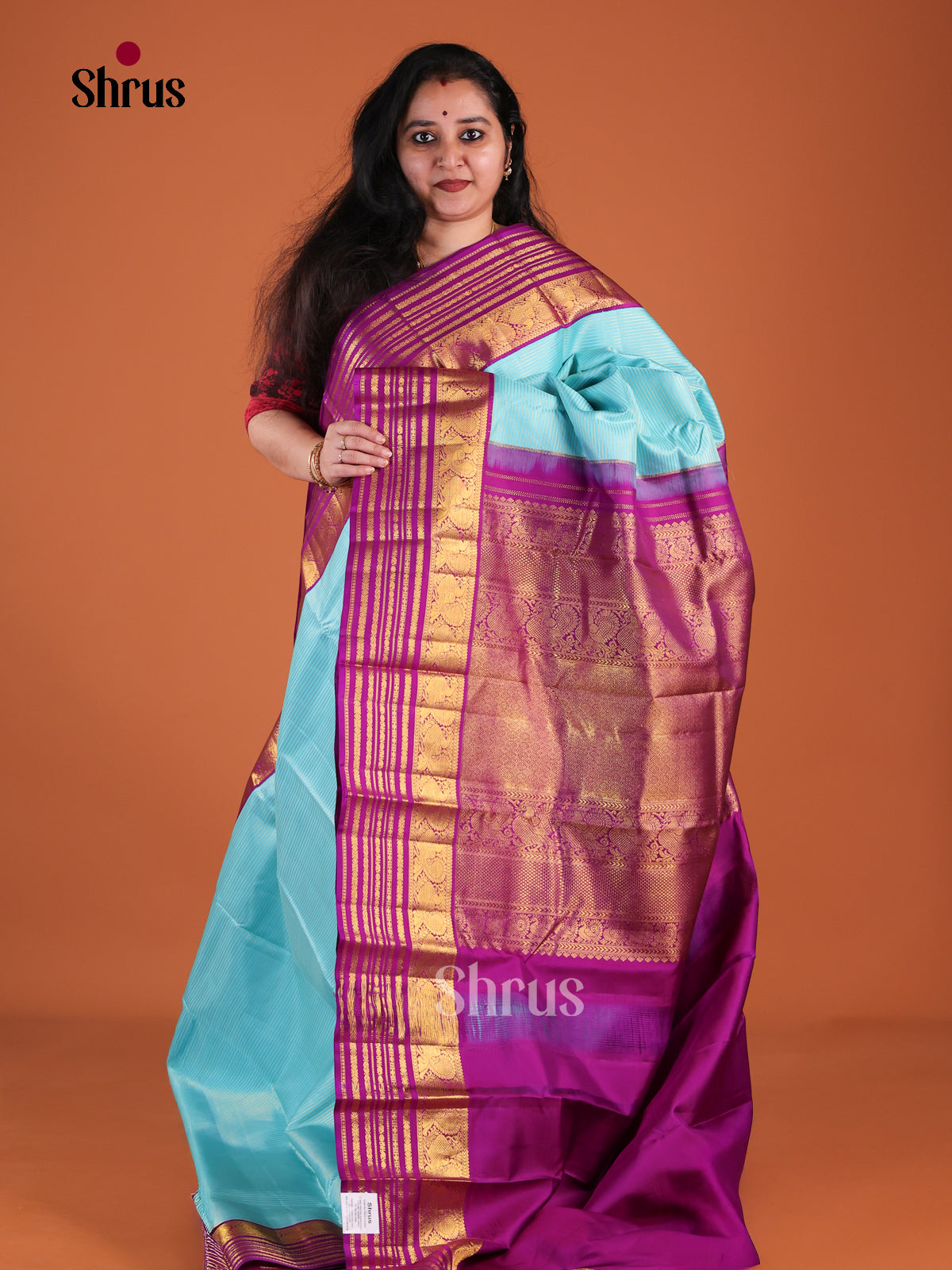 Chic Sky Blue Kanchipuram Silk Saree With Fine Stripes | Purple Zari Striped Border & Brocade Pallu