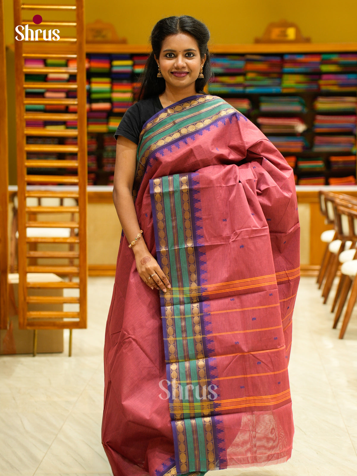 Chic Soft Pink Chettinad Cotton Saree With Thread Buttas, Purple Rettapet Temple Zari Border