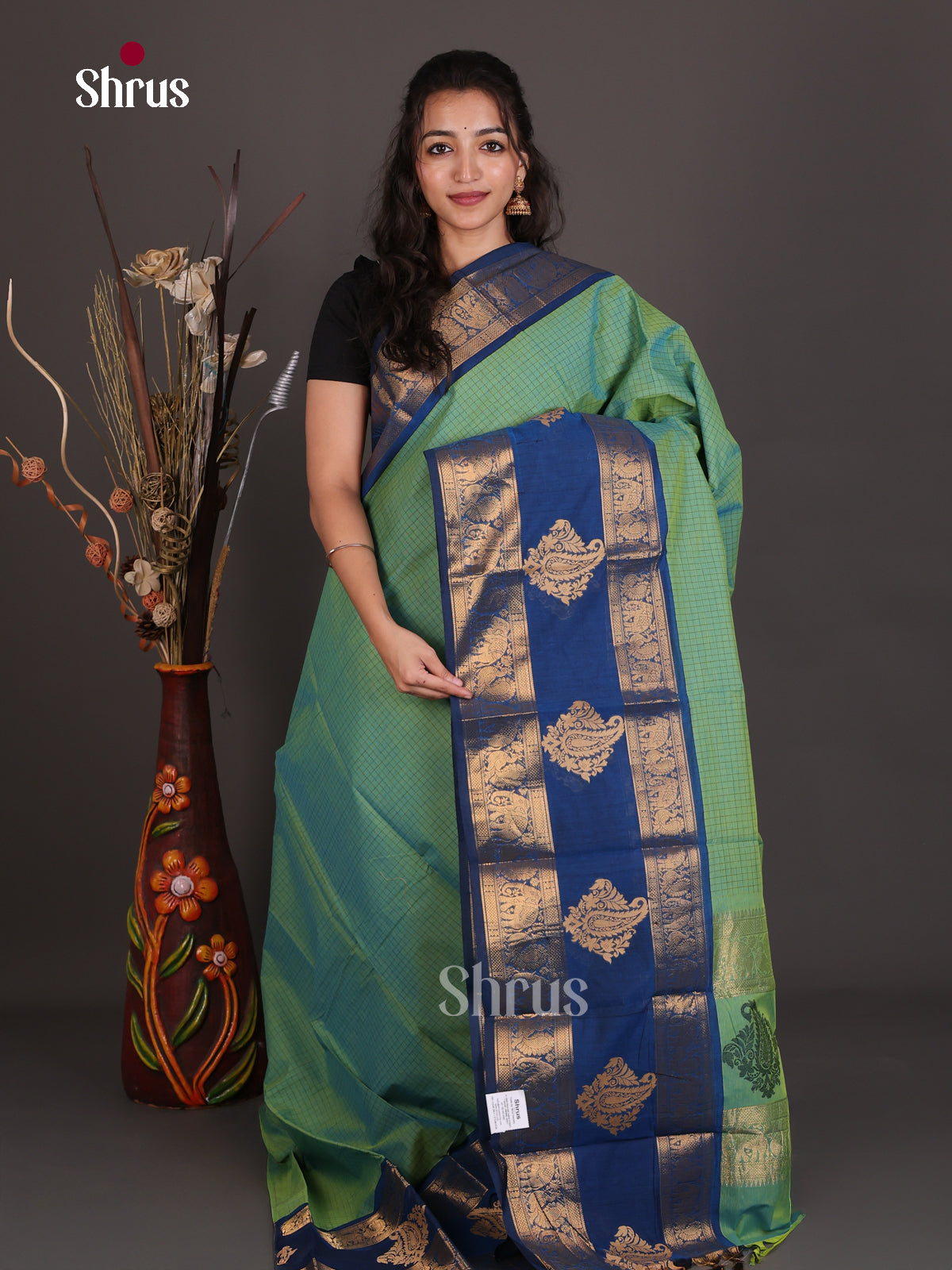 Chic Teal Green Checked Chettinad Cotton Saree With Blue Rettapet Zari Border