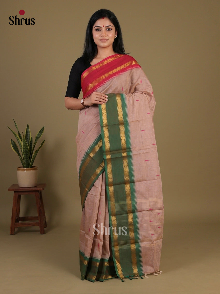 Classic Beige Chettinad Cotton Saree With Thread Buttas & Ganga Jamuna Temple Zari Border