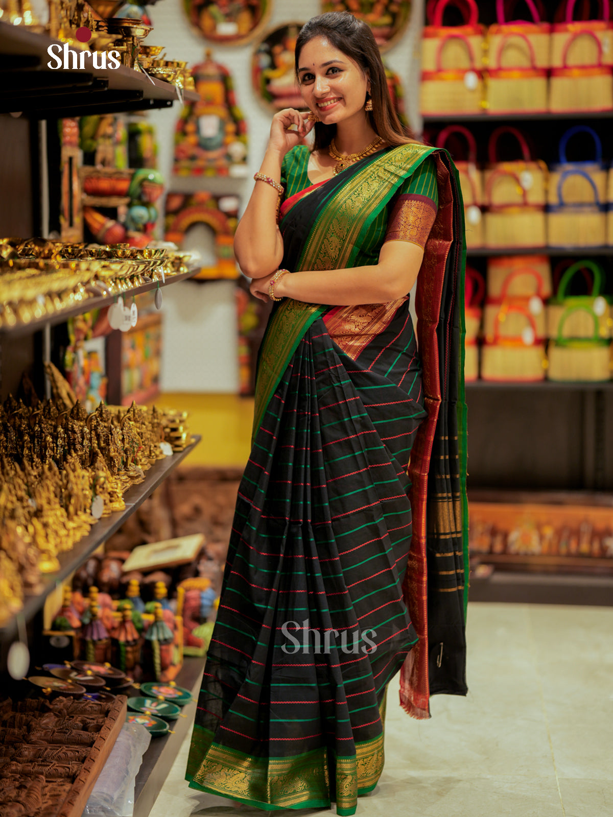 Classic Black Chettinad Cotton Saree With Stripes & Ganga Jamuna Zari Border 