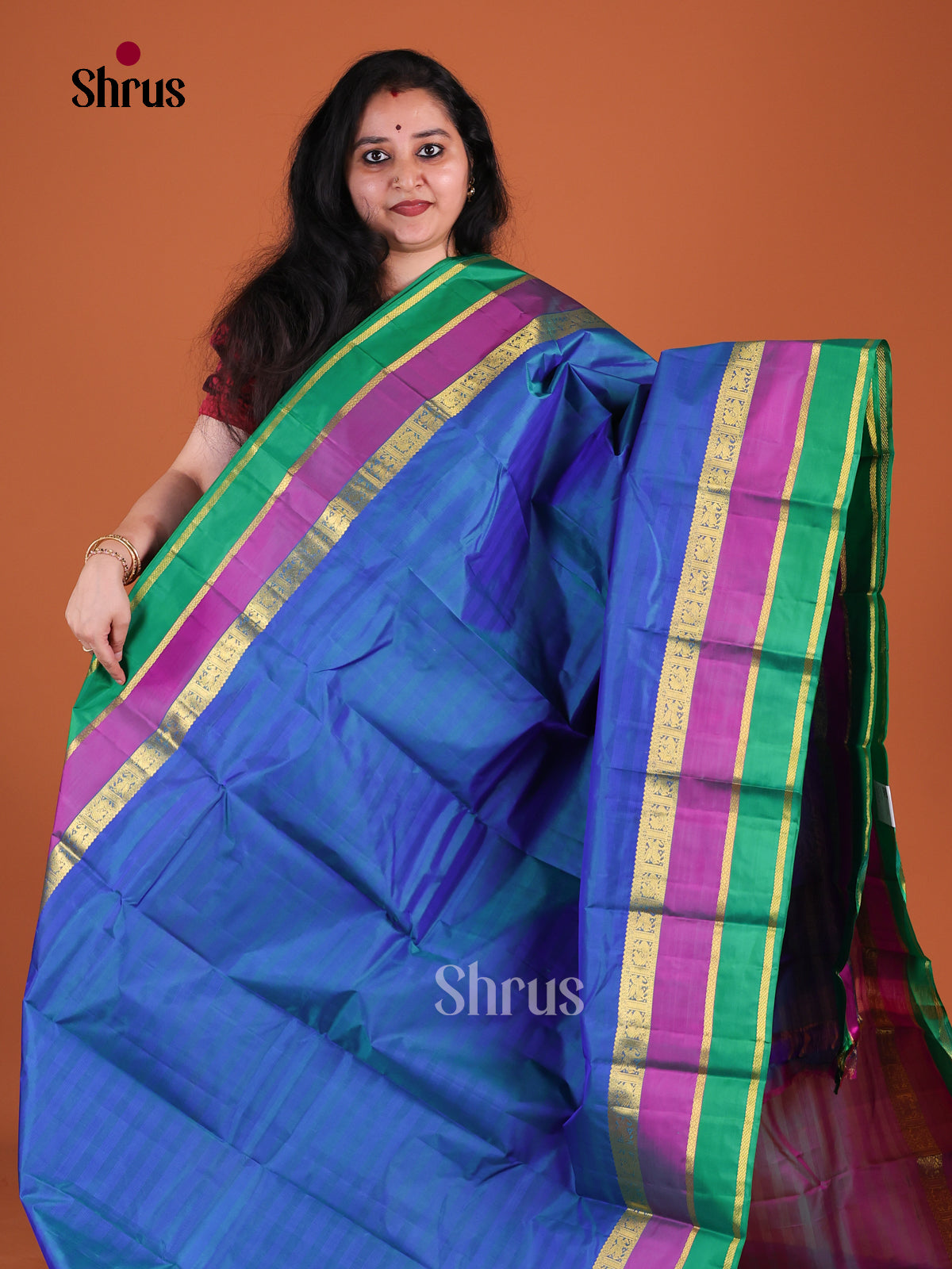 Classic Blue Kanchipuram Pattu Saree With Self Stripes | Zari Border With Green & Magenta Bands