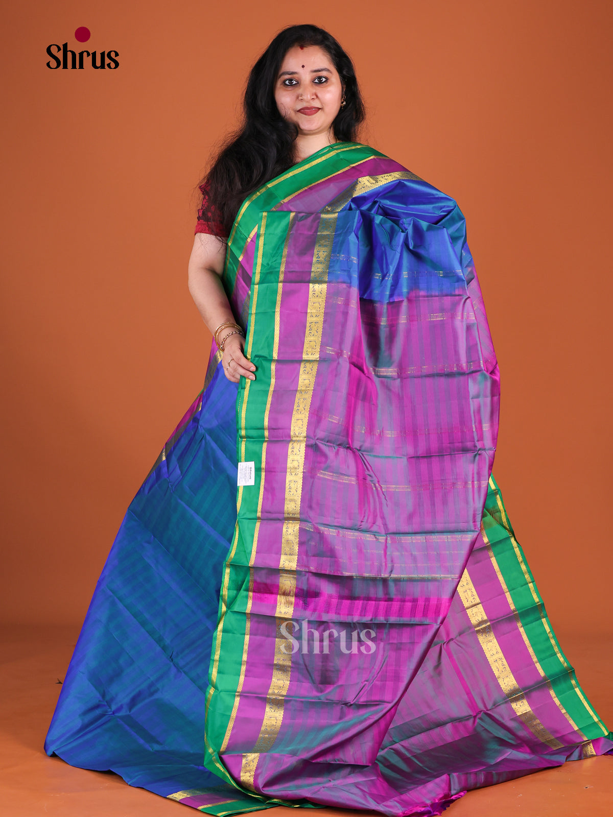 Classic Blue Kanchipuram Silk Saree With Self Stripes | Zari Border With Green & Magenta Bands