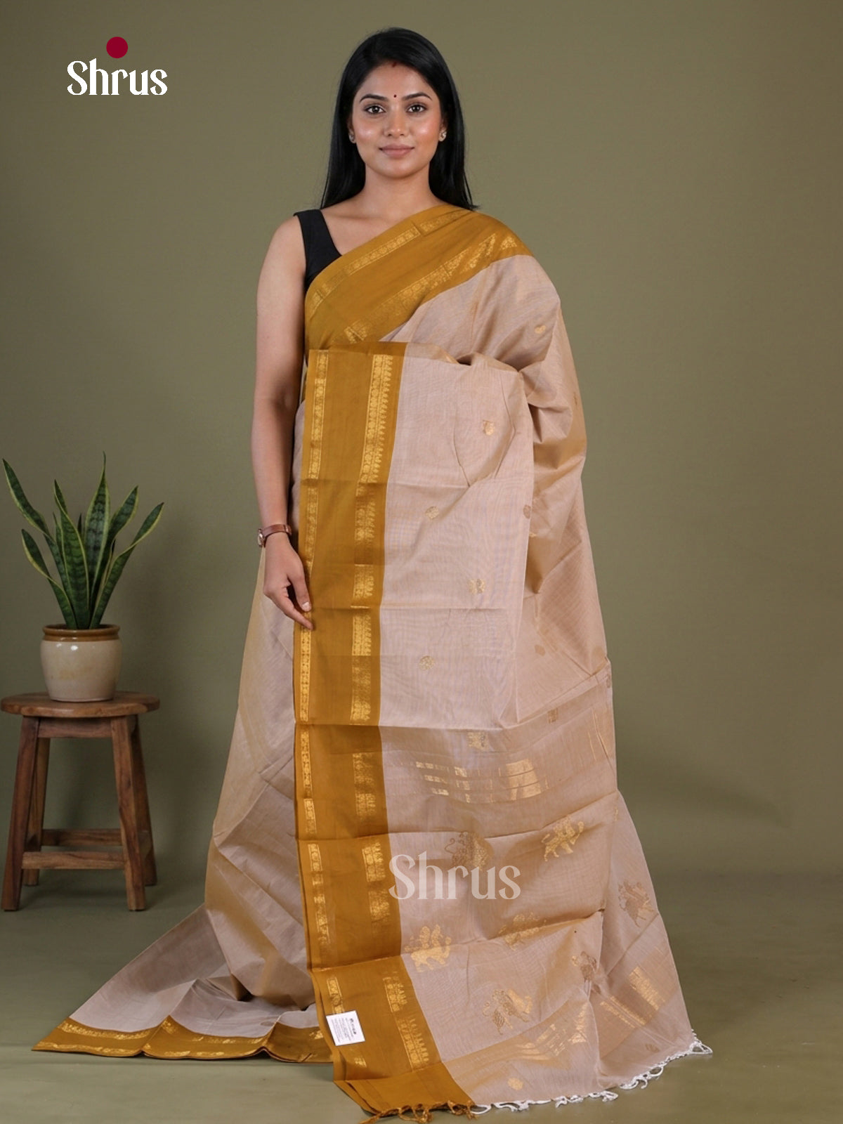 Classic Cream Chettinad Cotton Saree With yaazhi, Floral Motifs And Mustard Rettapet Zari Border