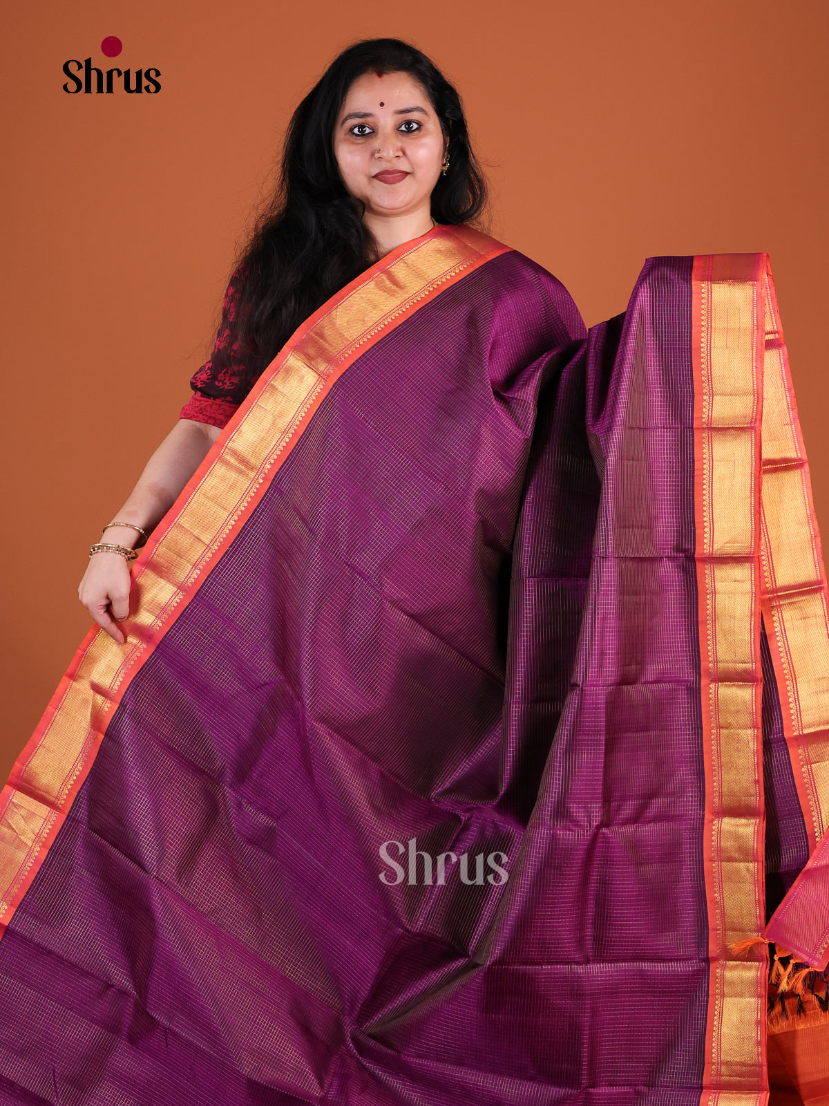 Classic Deep Purple Kanchipuram Pattu Saree With Gold Micro Checks | Orange Zari Border & Traditional Pallu