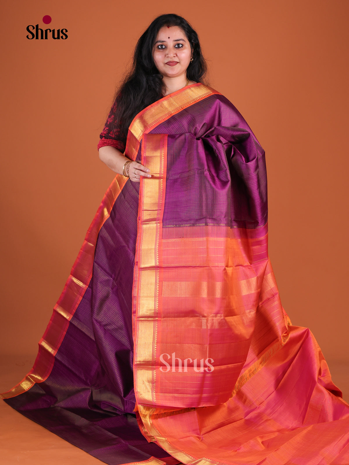 Classic Deep Purple Kanchipuram Saree With Gold Micro Checks | Orange Zari Border & Traditional Pallu