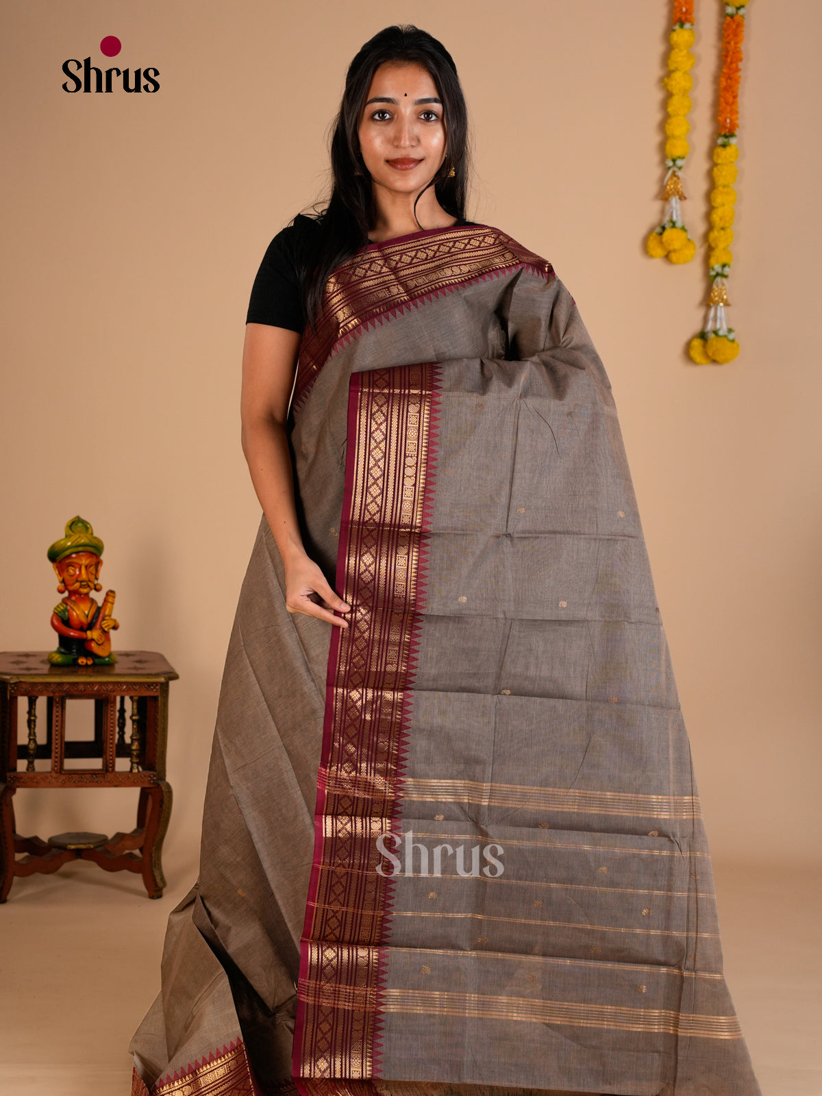 Classic Grey Chettinad Cotton Saree With Thread Buttas, Maroon Zari Woven Temple Border