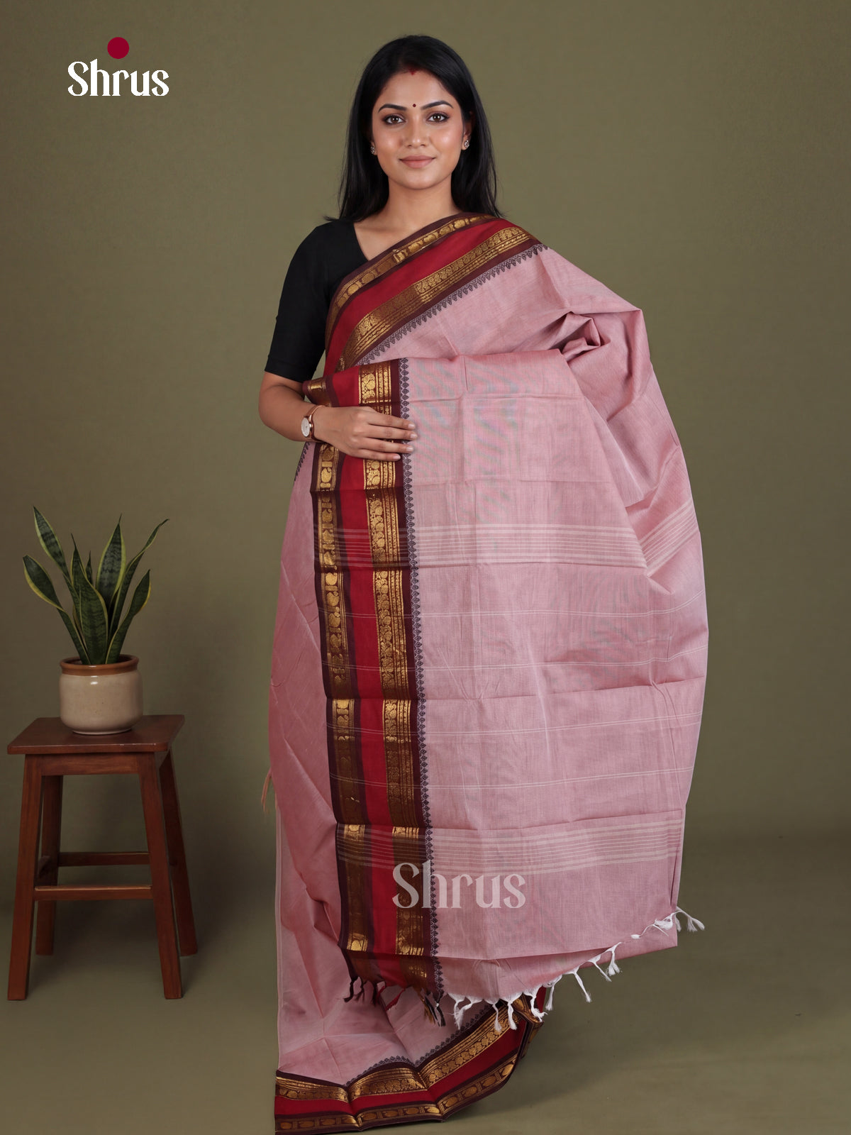 Classic Mauve Chettinad Cotton Saree With Plain Body & Rettapet Zari Border