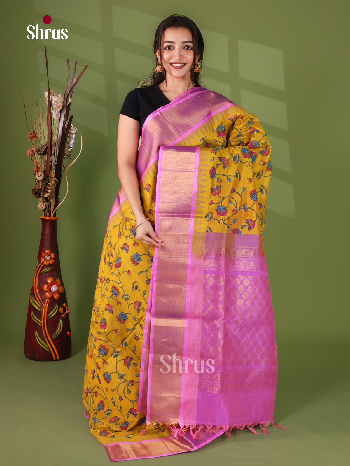 Classic Mustard Cotton Silk Saree With Floral Vines, Rose Pink Temple Zari Border & Brocade pallu
