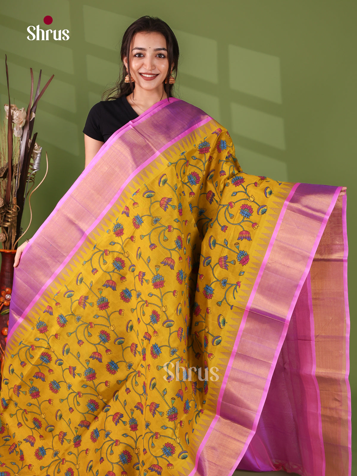 Classic Mustard Cotton Silk Saree With Floral Vines, Rose Pink Temple Zari Border & Brocade pallu 1