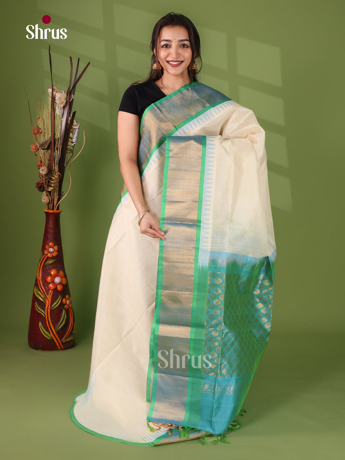 Classic Off White Cotton Silk Saree With Plain Body, Turquoise Kaddi Temple Zari Border & Brocade Pallu