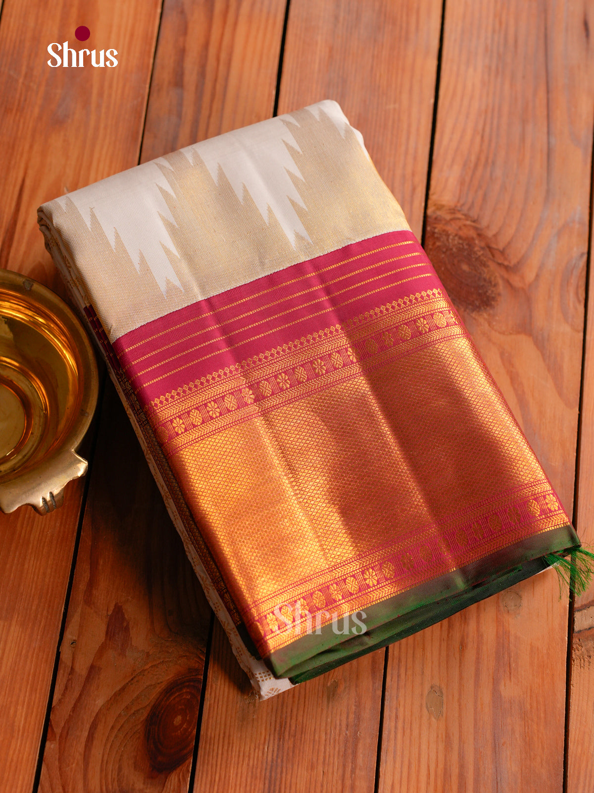 Classic Off White Kanchipuram Saree With Zari Checks, Floral Buttas & Deep Pink Temple Zari Border