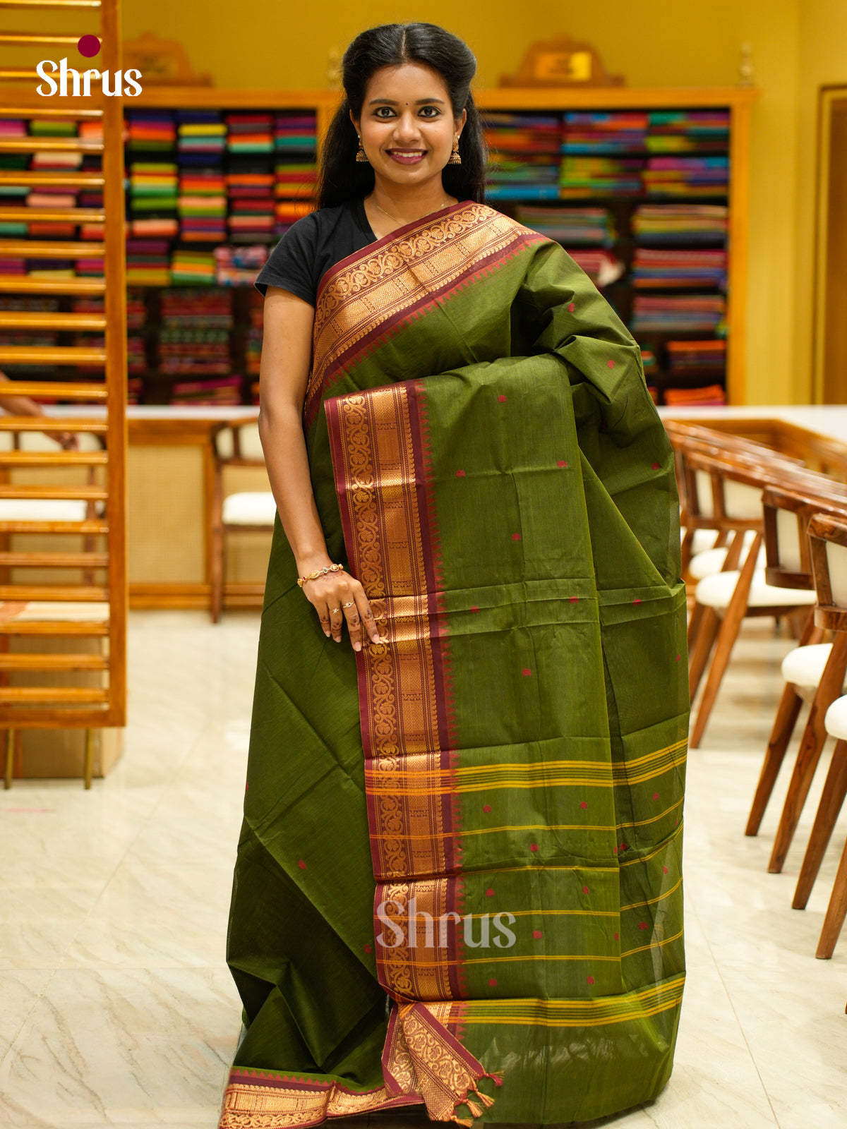 Classic Olive Green Green Chettinad Cotton Saree With Thread Buttas & Maroon Border