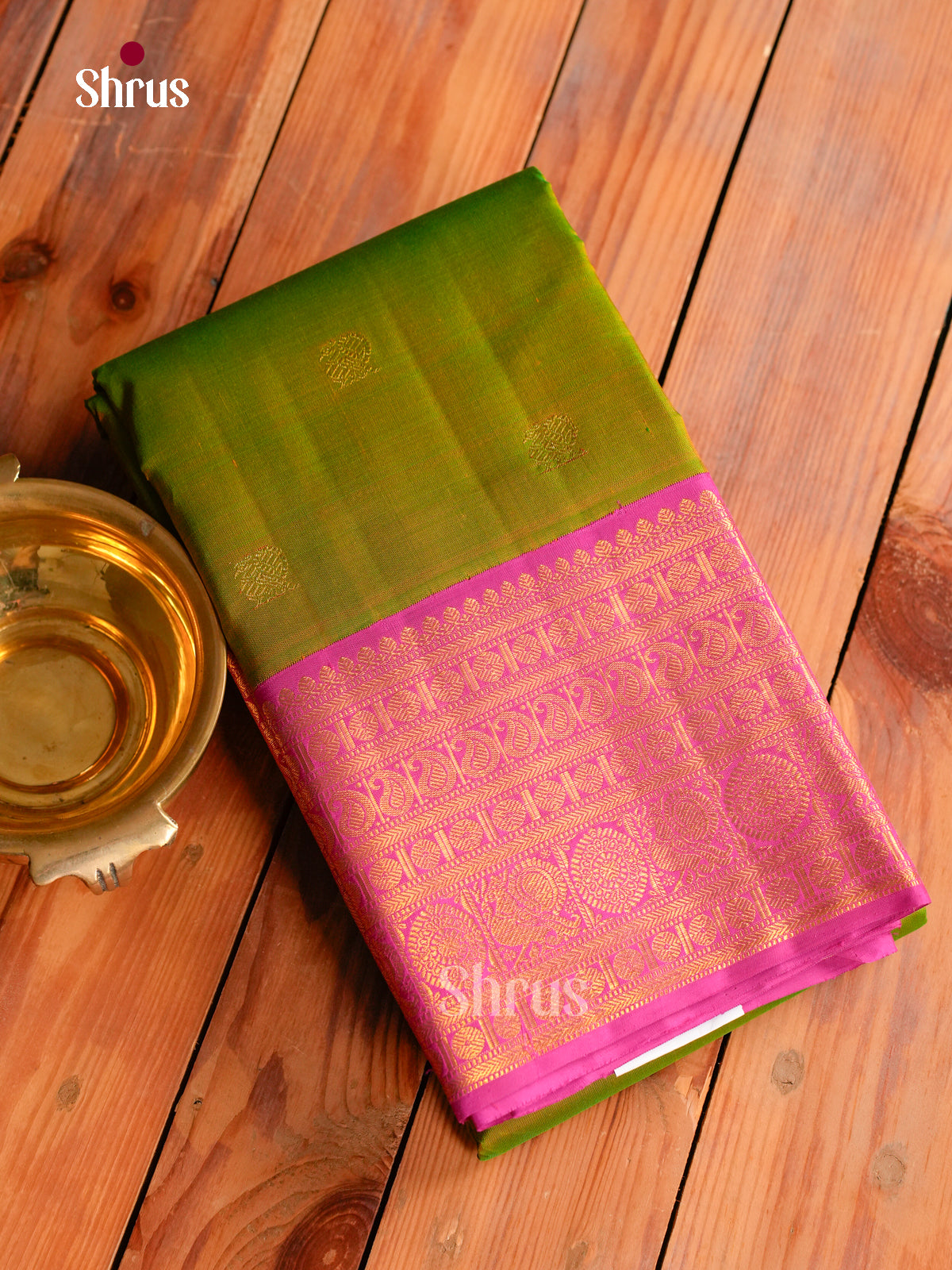 Classic Olive Green Kanchipuram silk Saree With Gold Floral Buttas | Magenta Border With Zari Bands