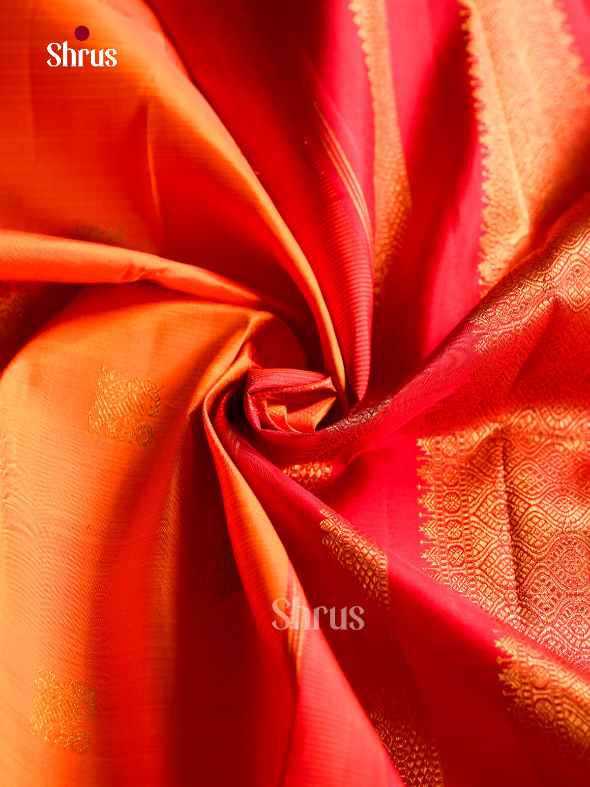 Classic Orange Silk Saree With Zari Buttas | Crimson Red Border With Zari Bands & Pallu