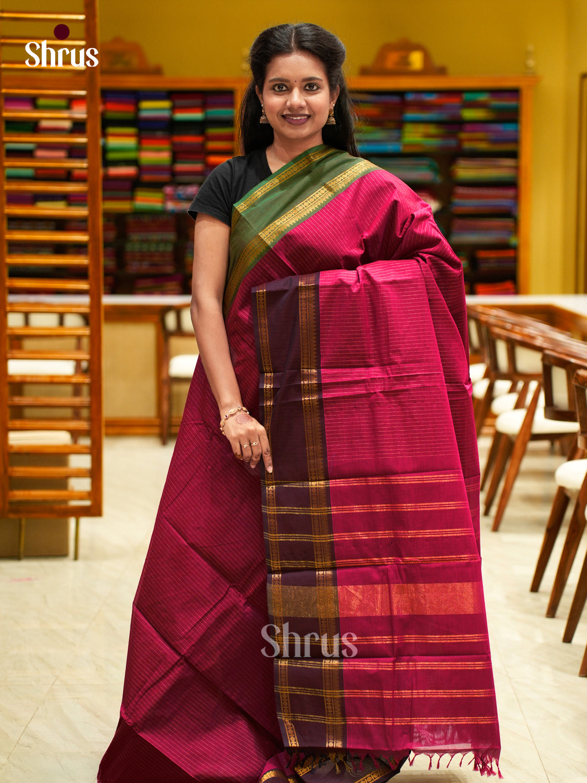 Classic Pink Chettinad Cotton Saree With Stripes, Ganga Jamuna Rettapet Zari Border & Pallu