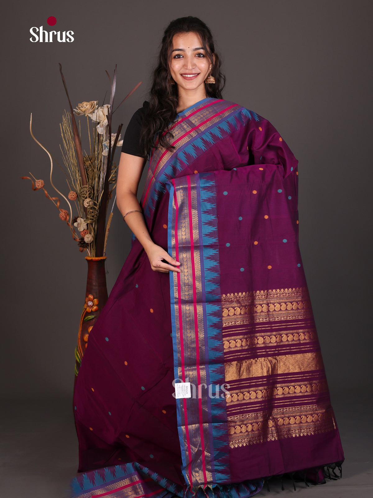 Classic Purple Chettinad Cotton Saree With Small Buttas & Blue Temple Zari Border
