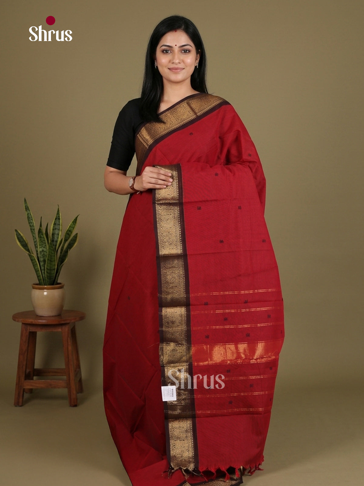 Classic Red Chettinad Cotton Saree With Thread Buttas, Black Zari Border & Traditional Pallu