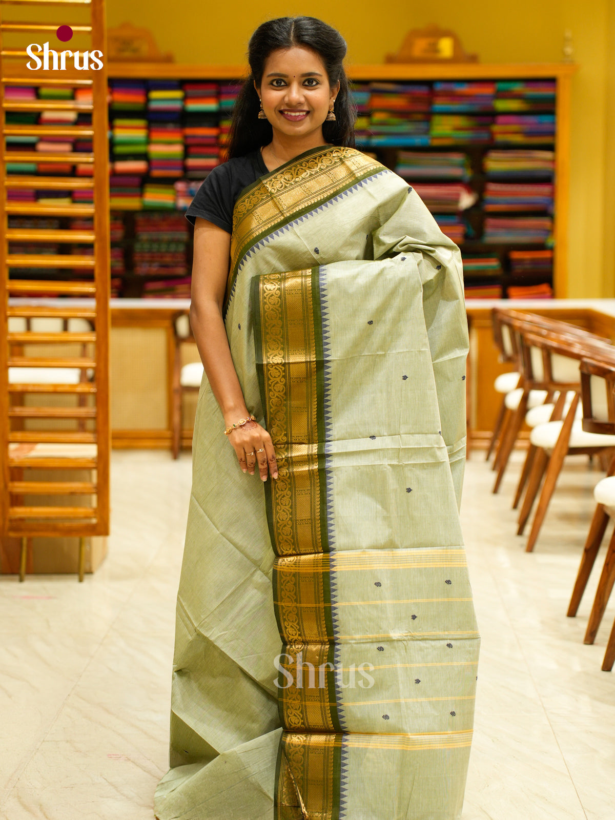 Classic Sage Green Chettinad Cotton Saree With Thread Buttas & Olive Temple Zari Border