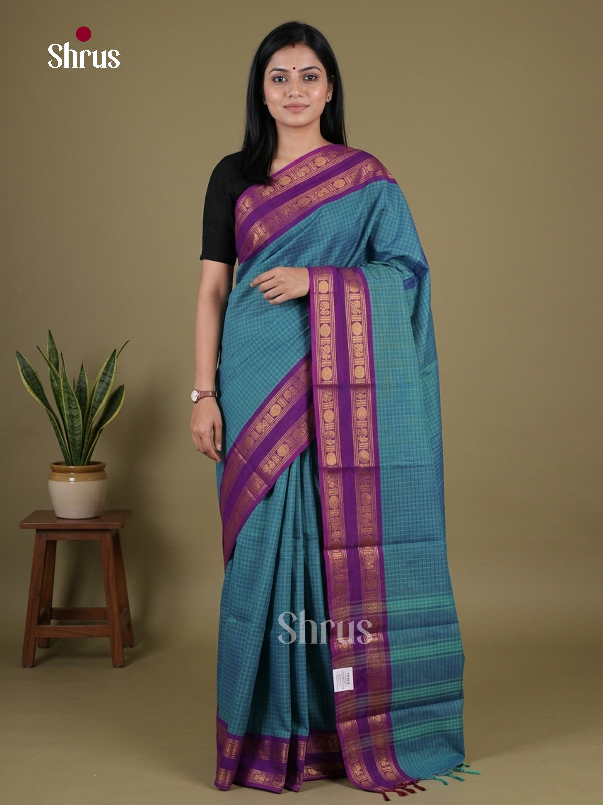 Classic Teal Blue Chettinad Cotton Saree With Micro Checks & Magenta Rettapet Zari border