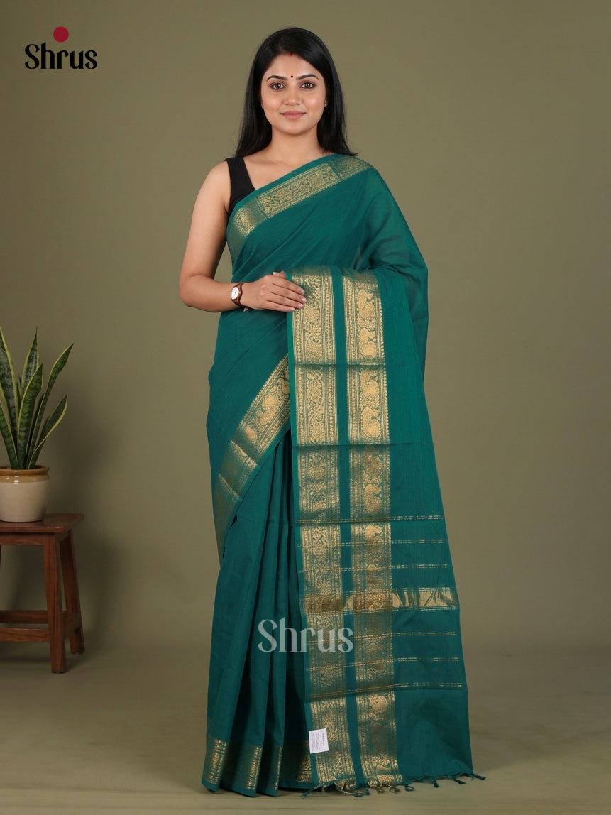 Green Chettinad Cotton Saree With Plain Body & Rettapet Zari Border