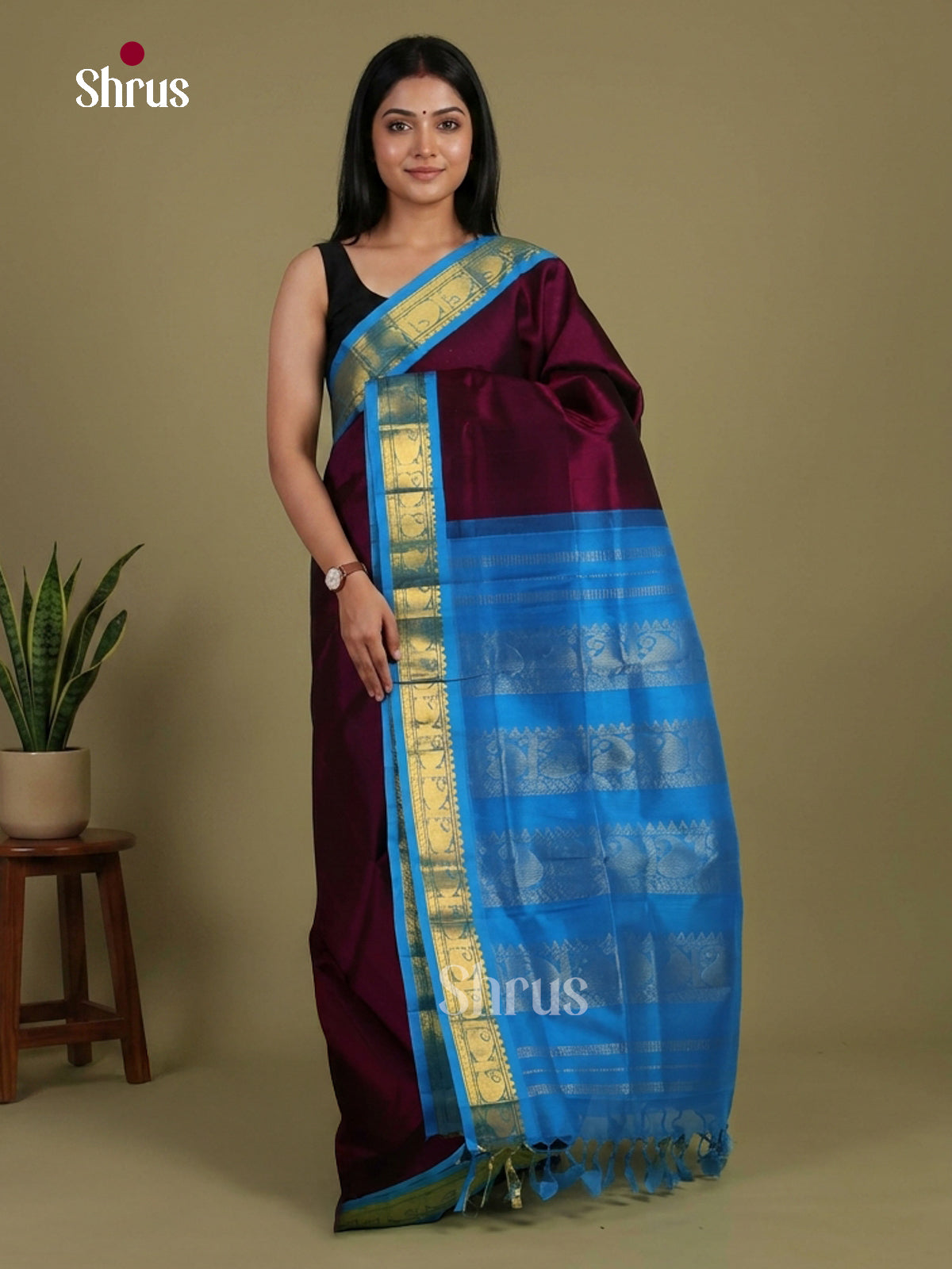 Classic Wine Silk Cotton Saree with Plain Body, Blue Zari Border & Chit Pallu