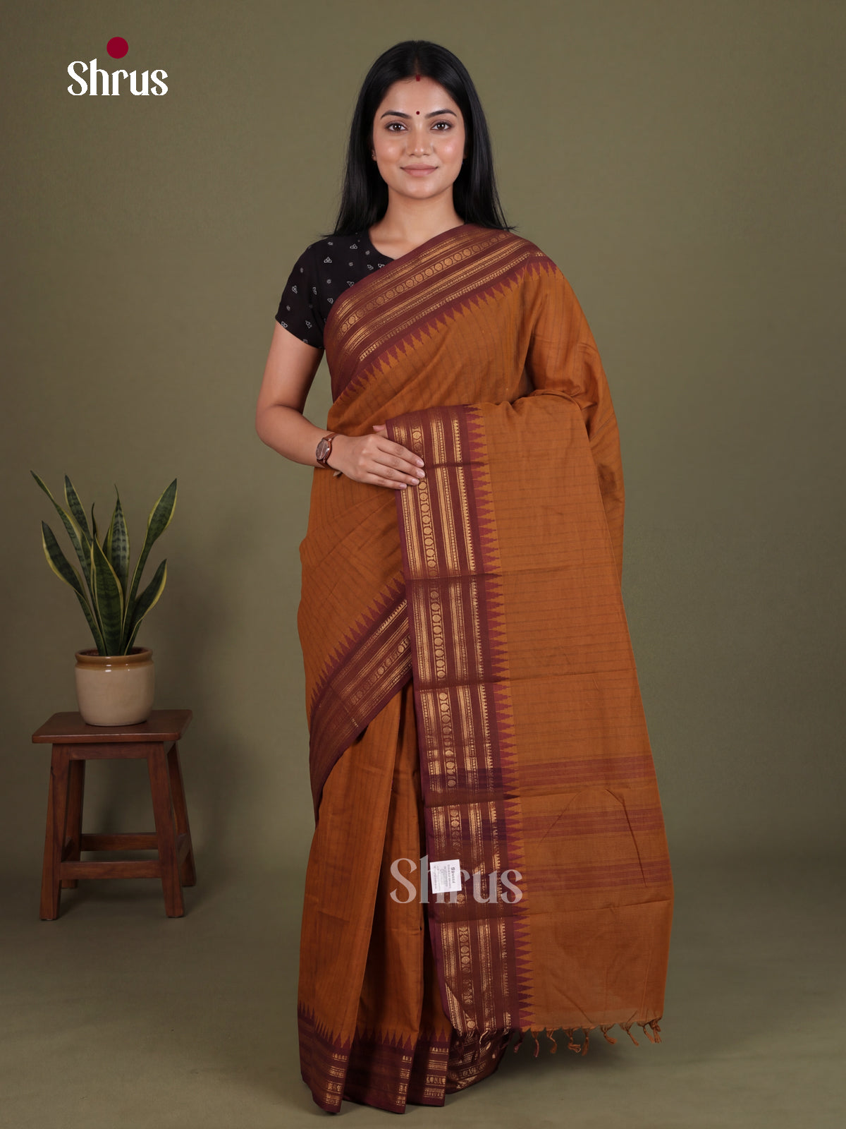 Classy Brown Chettinad Cotton Saree With Stripes & Maroon Zari Striped Border