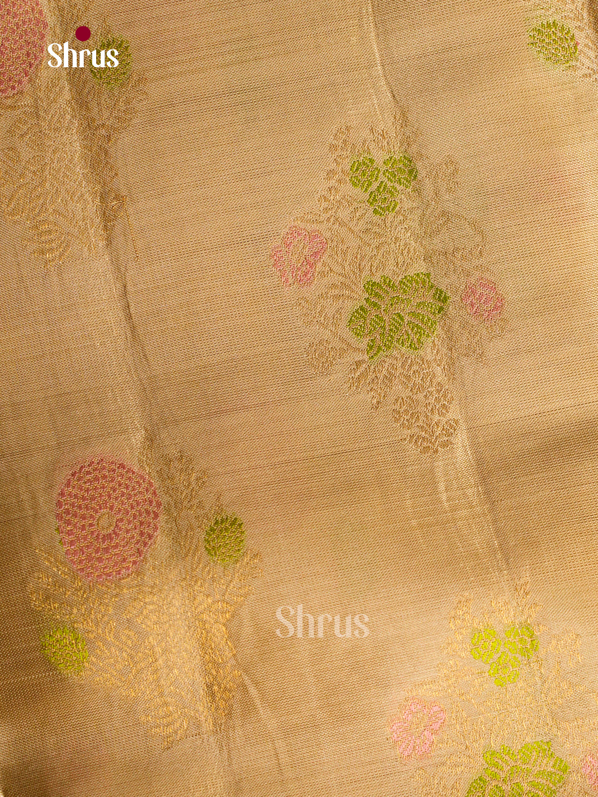 Classy Cream Kanchipuram Pattu Saree With Pink & Green Floral Buttas | Peach Border & Pallu With Geometric Brocade