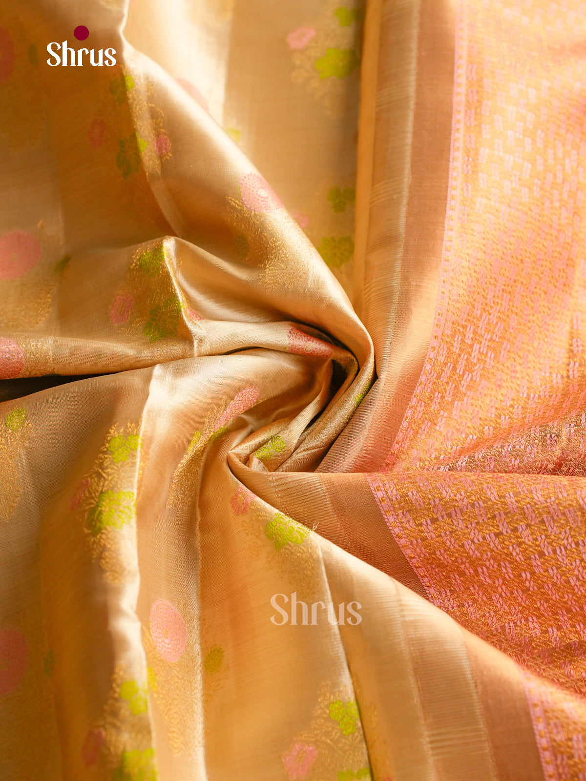 Classy Cream Kanjivaram Saree With Pink & Green Floral Buttas | Peach Border & Pallu With Geometric Brocade