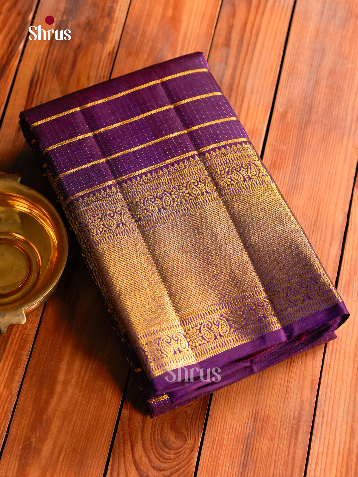 Classy Dark Purple Kanchipuram Saree With Horizontal Stripes | Self Zari Border & Brocade Pallu