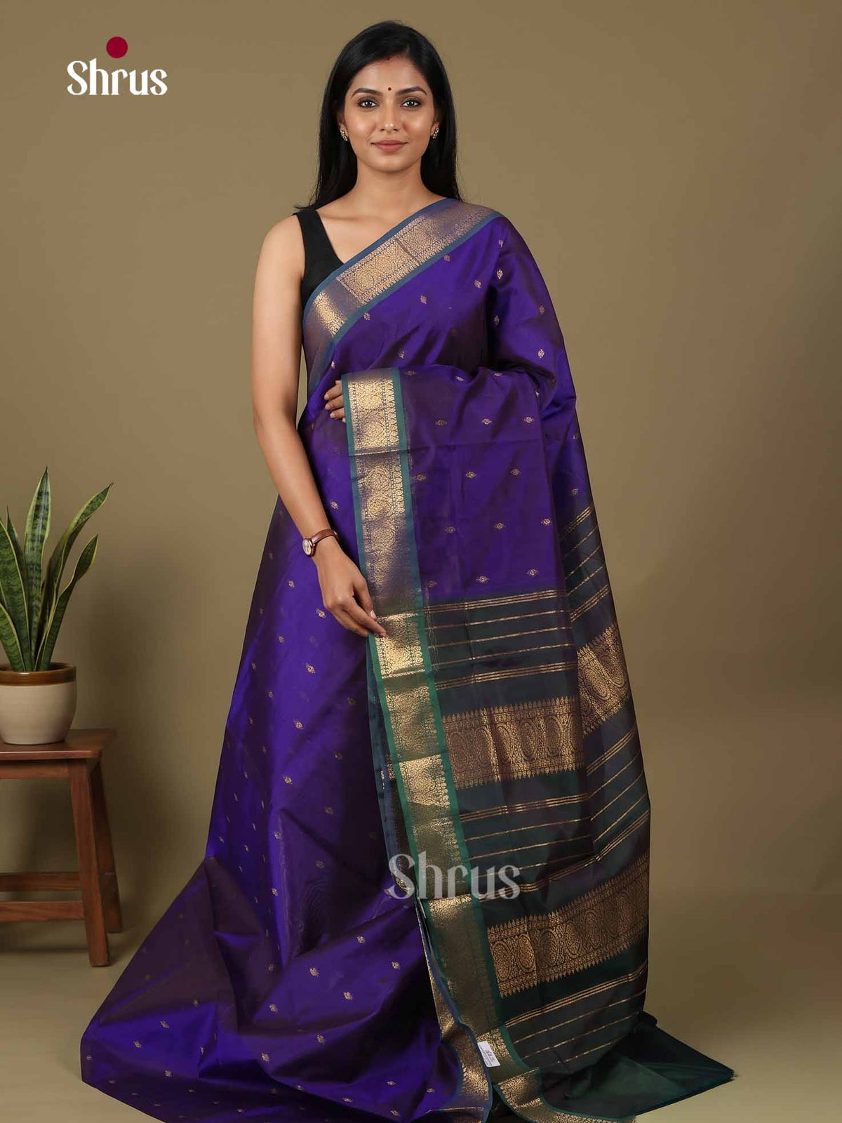 Classy Deep Violet Cotton Silk Saree With Gold Floral Buttas, Zari Woven Border & Teal Green Chit Pallu