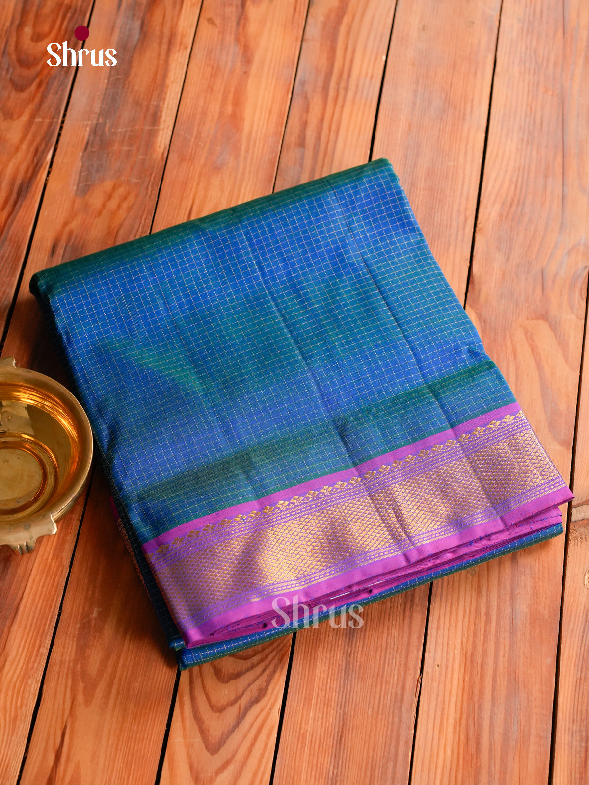 Classy Dual Tone Blue 9Yards Kanchipuram Saree With Small Checks | Violet Zari Border & Pallu