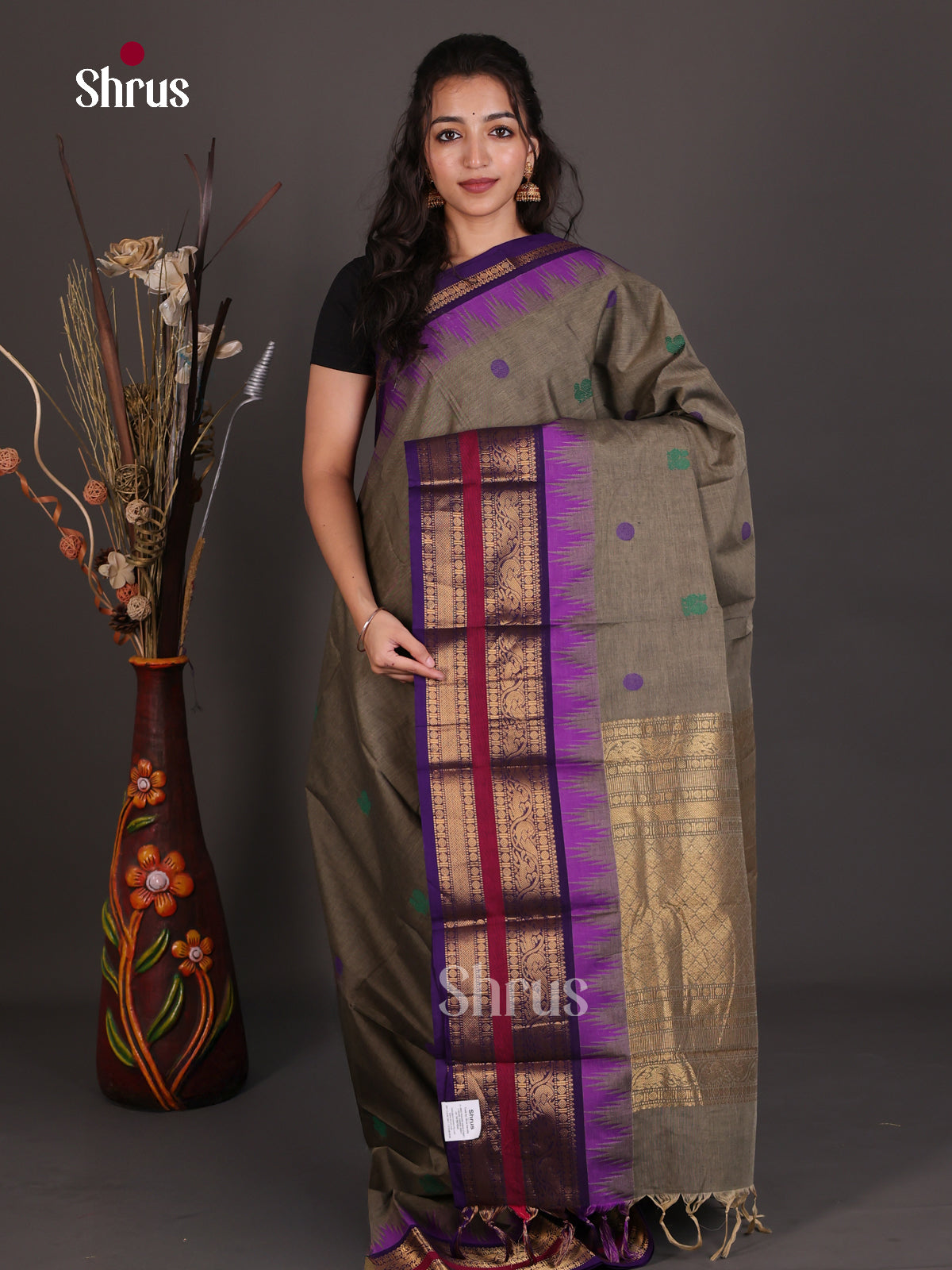 Classy Grey Chettinad Cotton Saree With Small Buttas & Purple Rettapet Temple Zari Border