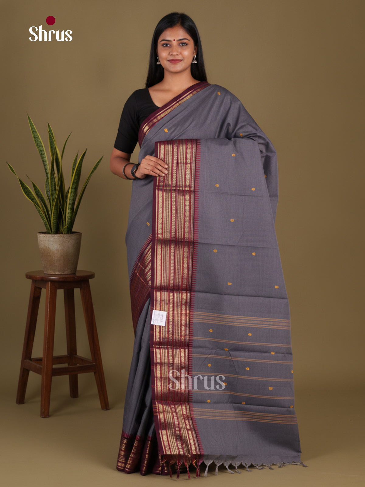 Classy Grey Chettinad Cotton Saree With Thread Buttas & Maroon Border With Zari Stripes