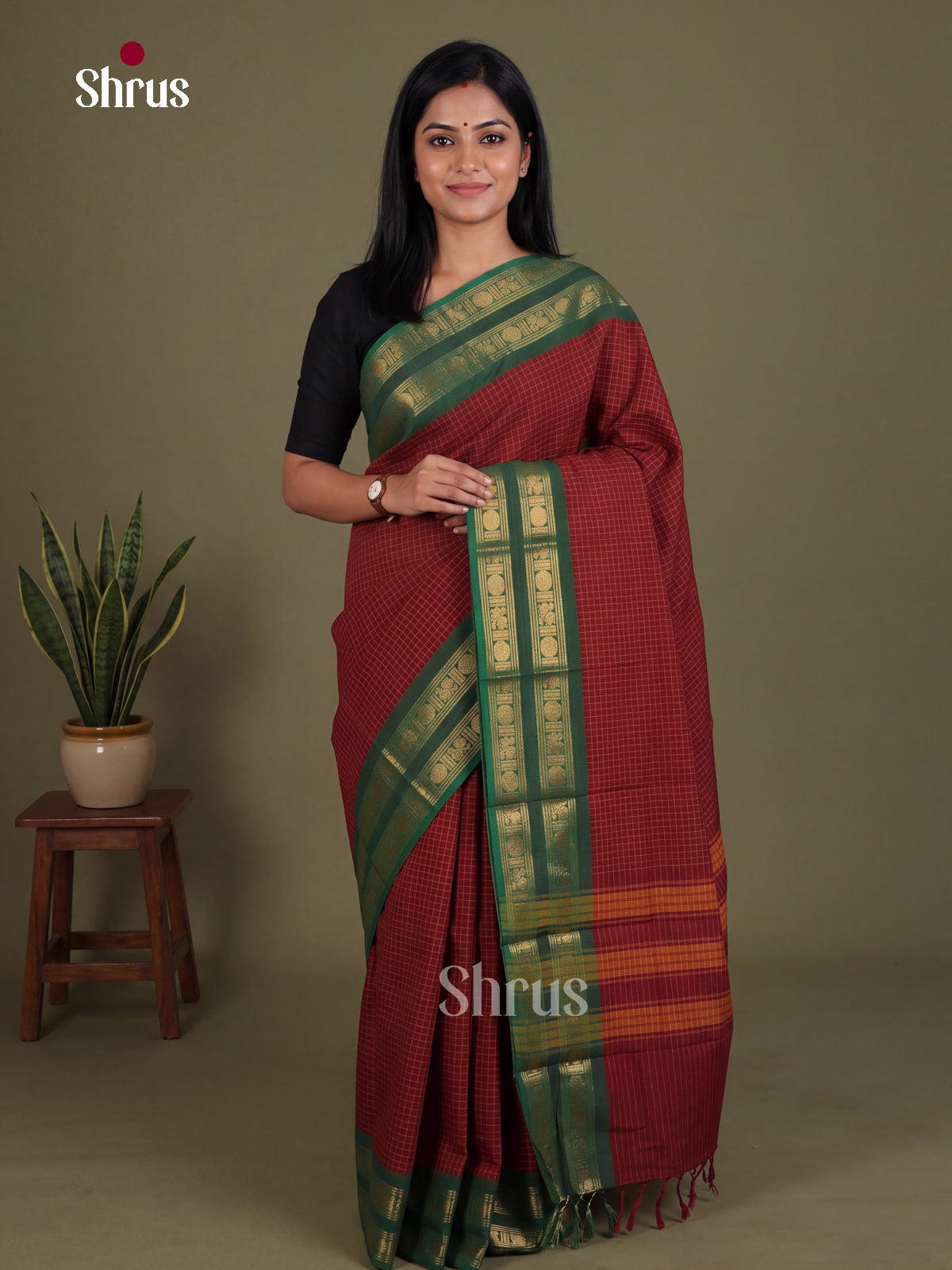 Classy Maroon Chettinad Cotton Saree With Checks & Green Rettapet Zari Border