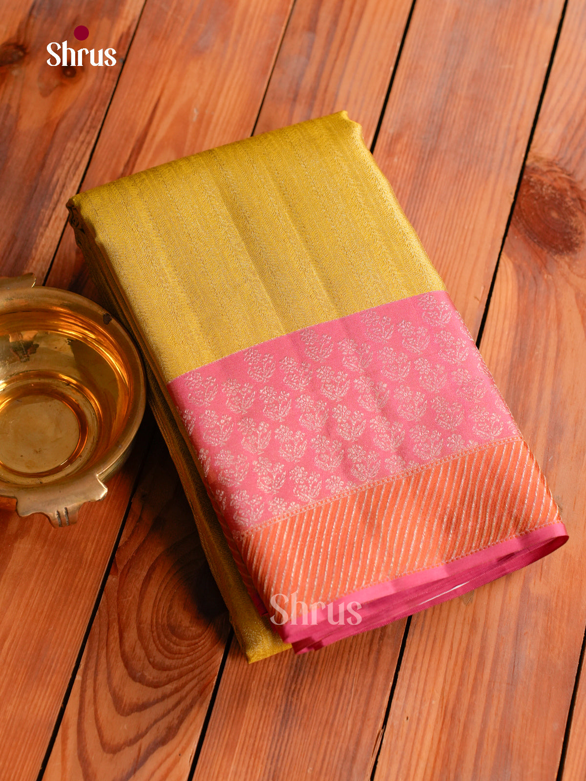 Classy Mustard Yellow Kanchipuram Saree With Self Textured Pattern & Rose Pink Silver Zari Border