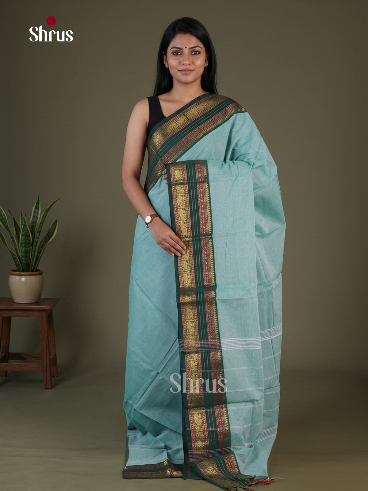 Classy Pastel Blue Chettinad Cotton Saree With Plain Body & Green Rettapet Zari Border