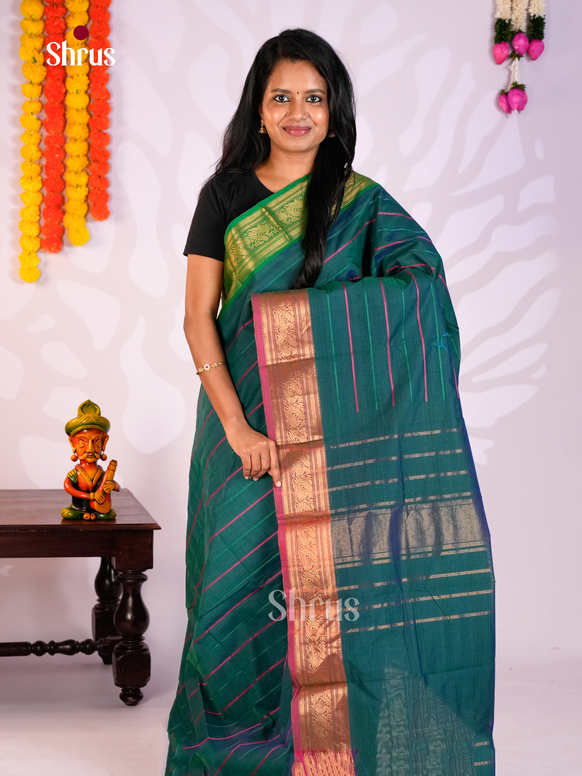 Classy Peacock Green Chettinad Cotton Saree With Thread Woven Stripes & Zari Border & Pallu