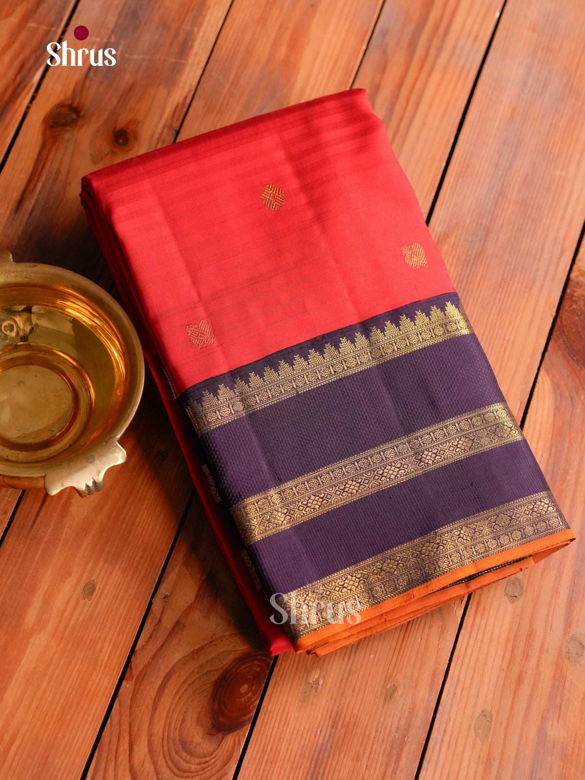 Classy Red Kanchipuram silk Saree With Self Stripes & Gold Buttas | Purple Border With Zari Bands