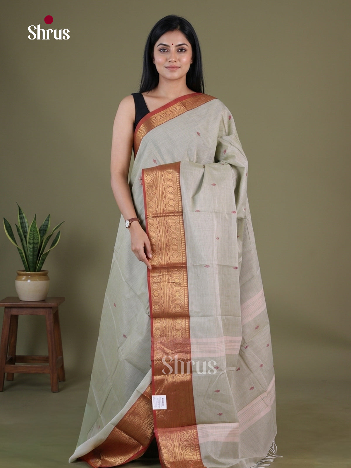 Classy Sage Green Chettinad Cotton Saree With Thread Buttas & Deep Red Zari Border