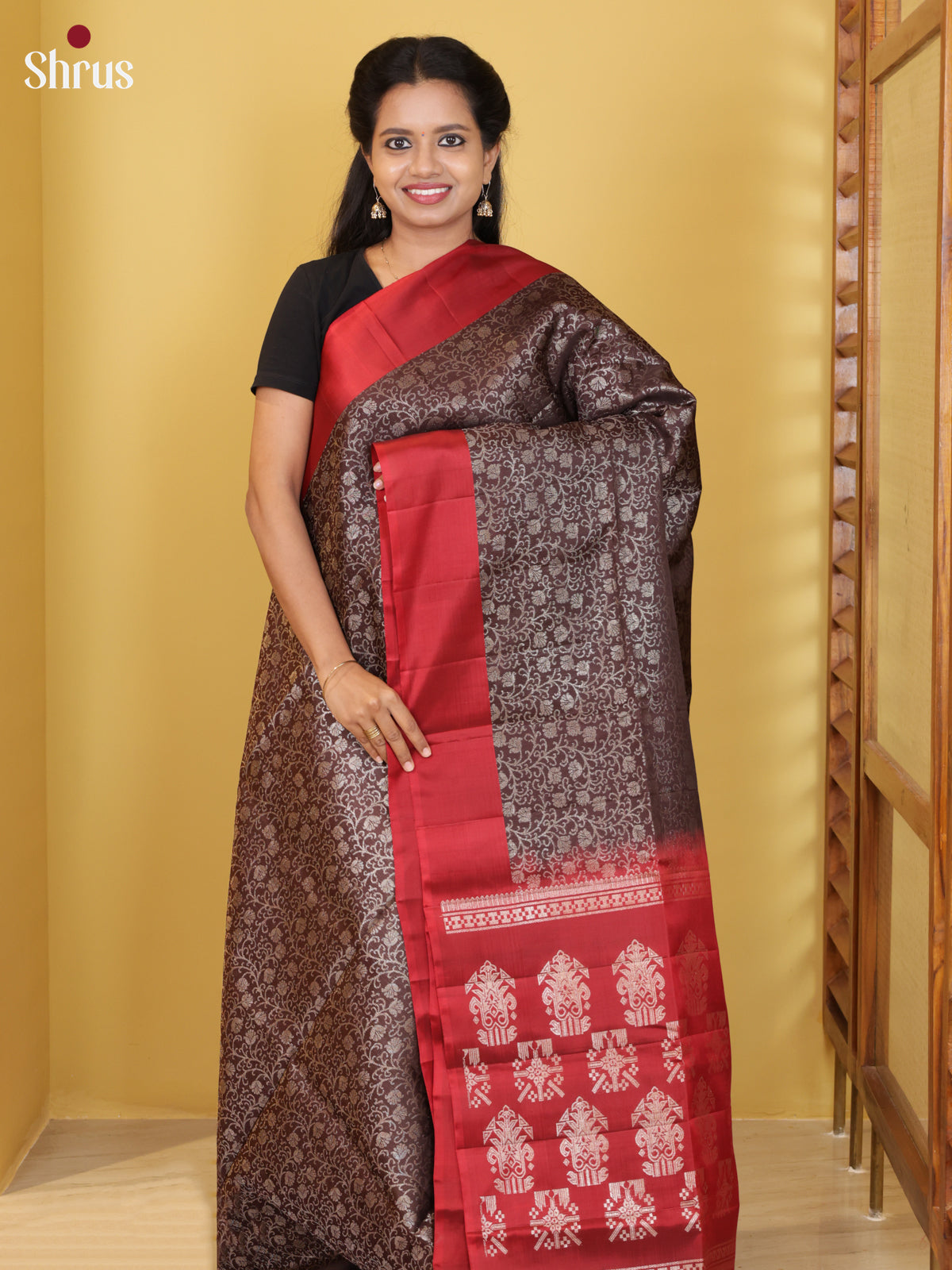Buy Stunning Coffee Brown Soft Silk Saree With Silver Zari Floral Vines, Deep Red Border & Pallu
